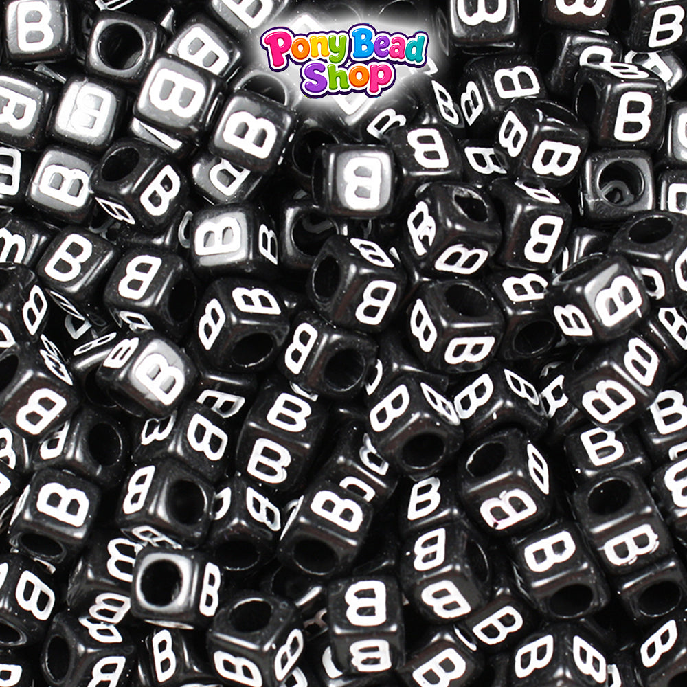 Black Opaque 6mm Cube Plastic Alpha Beads - White Letters (80pcs)