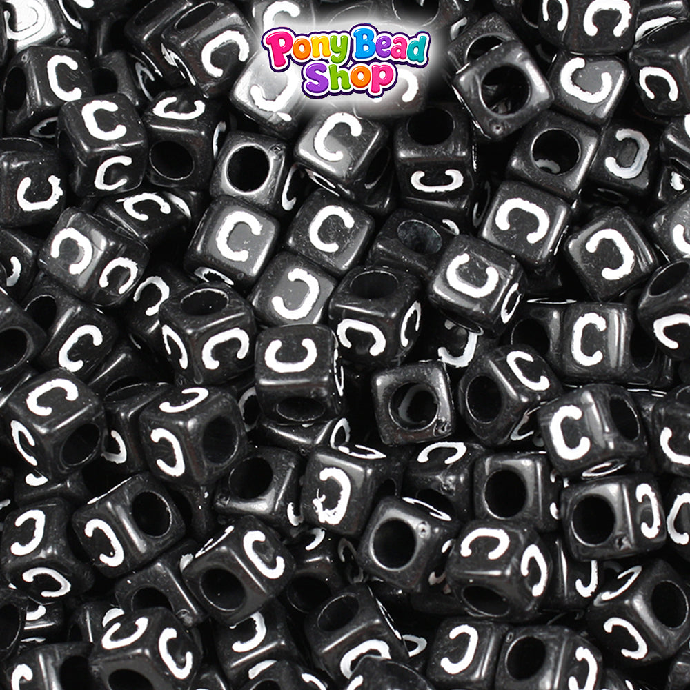 Black Opaque 6mm Cube Plastic Alpha Beads - White Letters (80pcs)