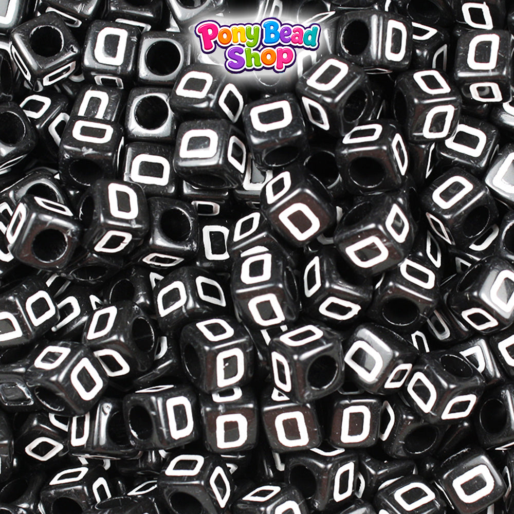 Black Opaque 6mm Cube Plastic Alpha Beads - White Letters (80pcs)