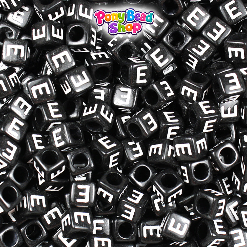 Black Opaque 6mm Cube Plastic Alpha Beads - White Letters (80pcs)