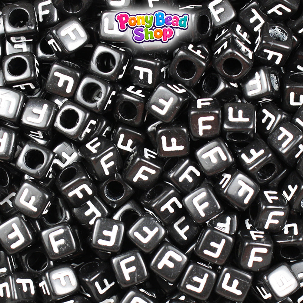 Black Opaque 6mm Cube Plastic Alpha Beads - White Letters (80pcs)