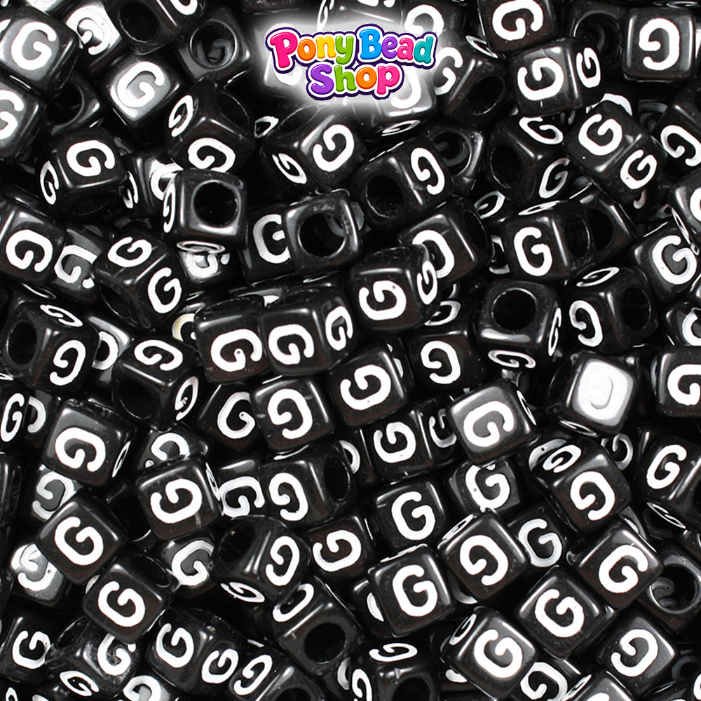 Black Opaque 6mm Cube Plastic Alpha Beads - White Letters (80pcs)