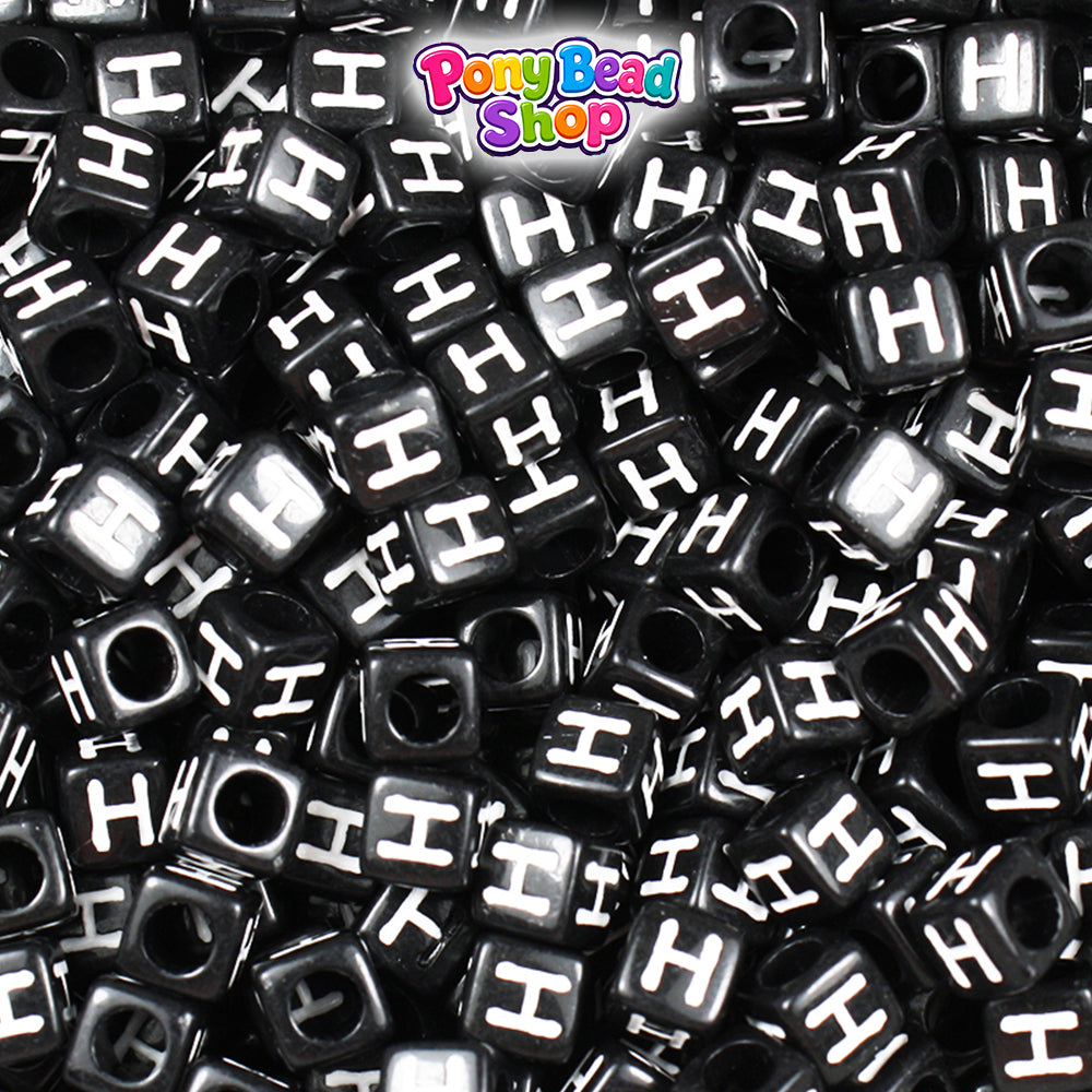 Black Opaque 6mm Cube Plastic Alpha Beads - White Letters (80pcs)