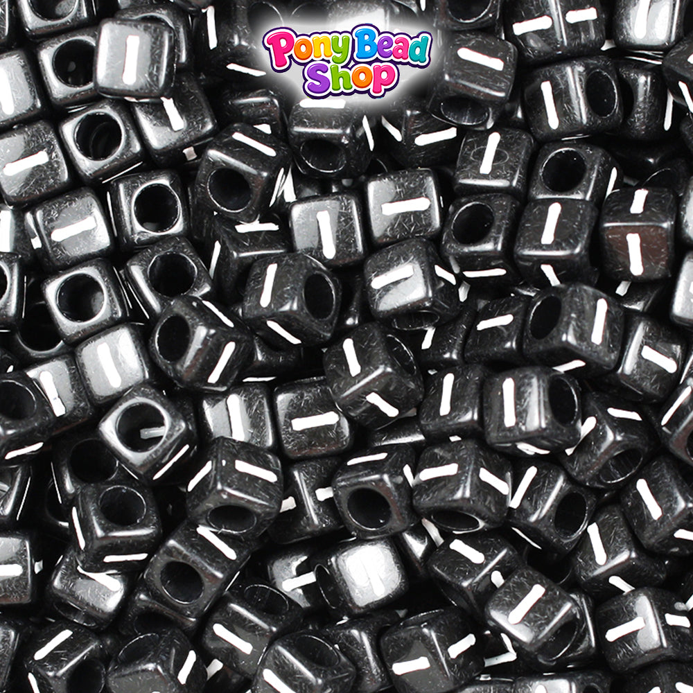 Black Opaque 6mm Cube Plastic Alpha Beads - White Letters (80pcs)