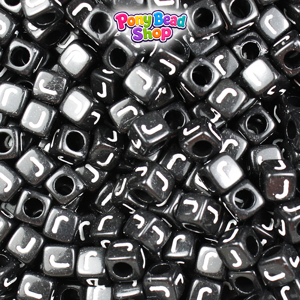 Black Opaque 6mm Cube Plastic Alpha Beads - White Letters (80pcs)