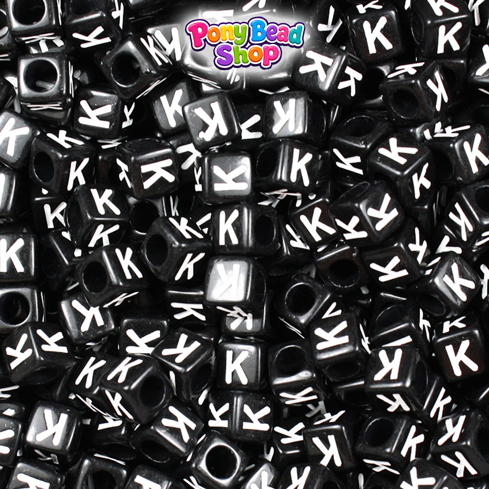 Black Opaque 6mm Cube Plastic Alpha Beads - White Letters (80pcs)