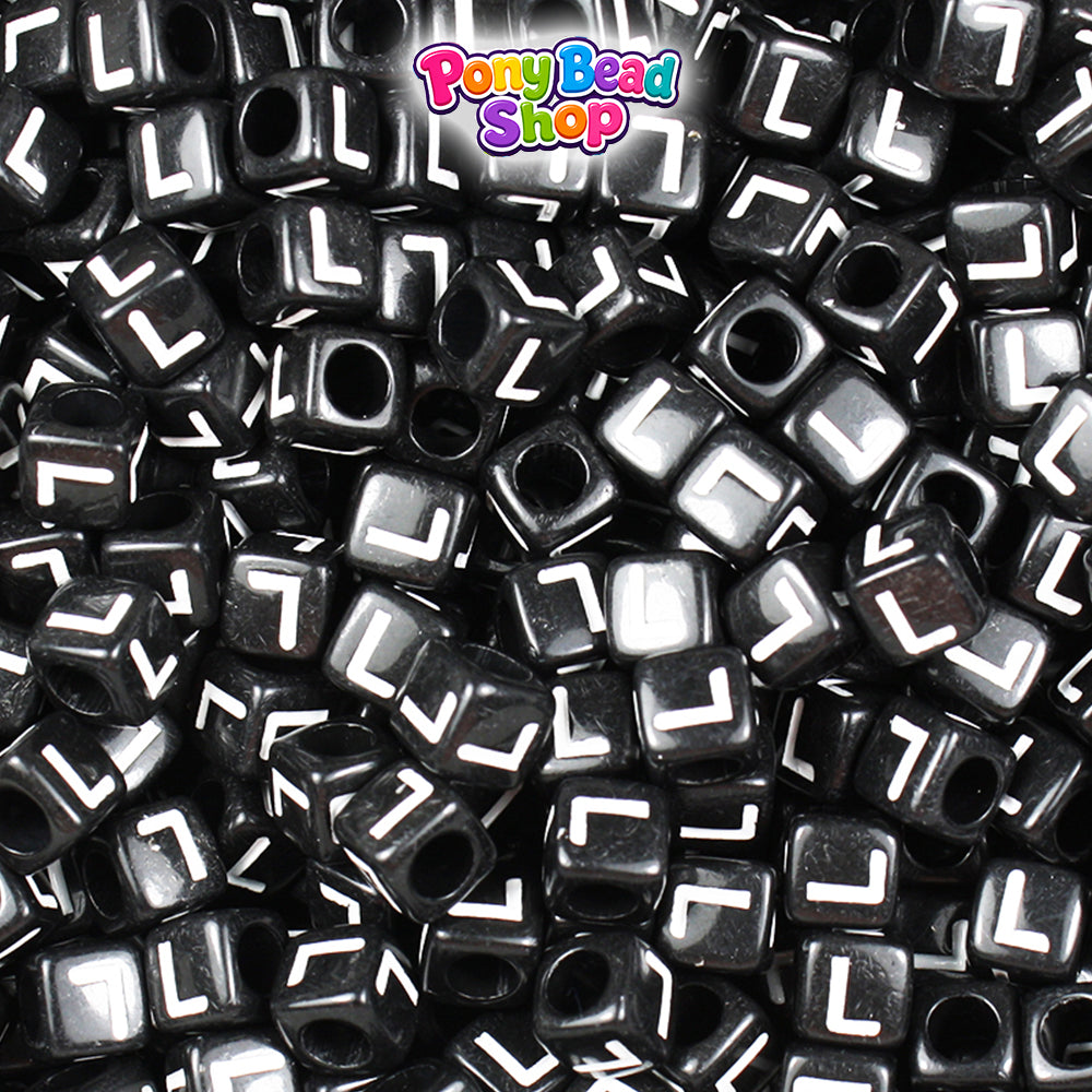 Black Opaque 6mm Cube Plastic Alpha Beads - White Letters (80pcs)