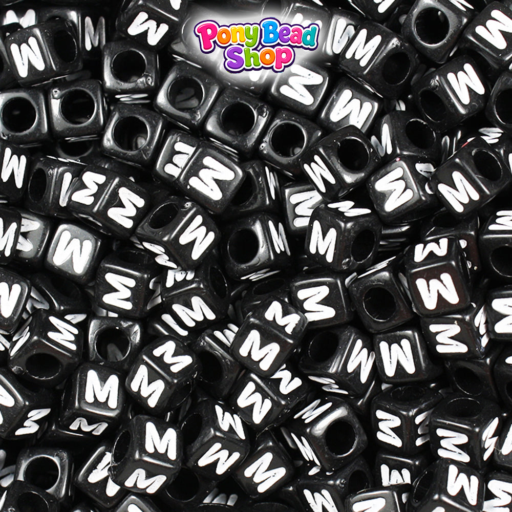 Black Opaque 6mm Cube Plastic Alpha Beads - White Letters (80pcs)