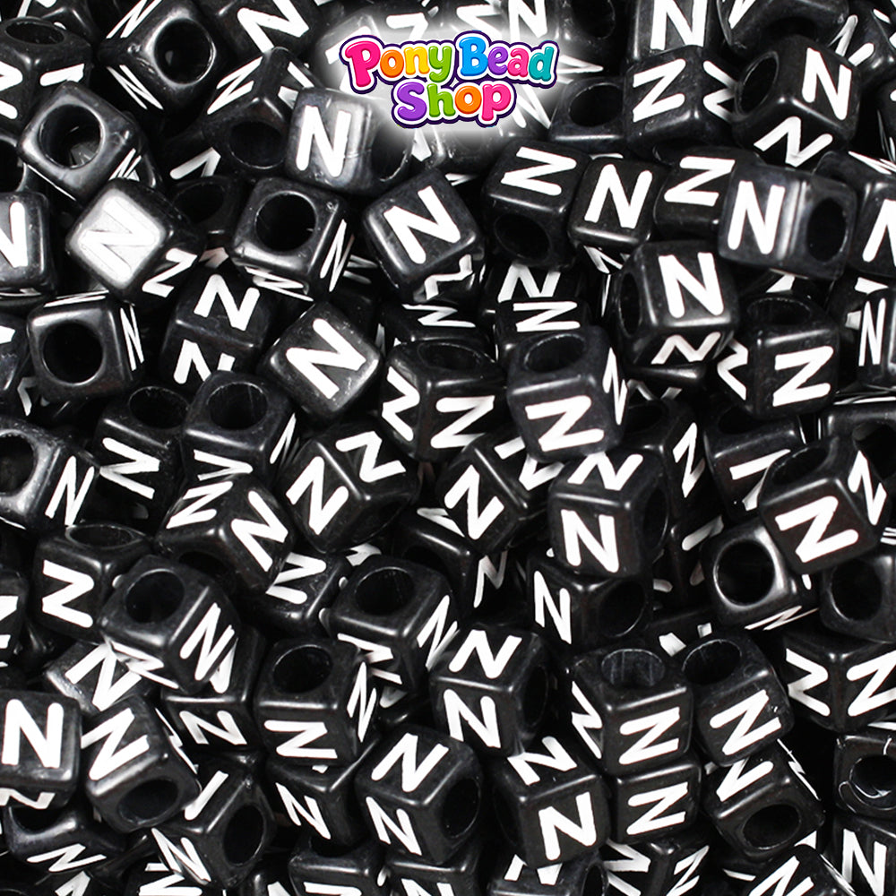 Black Opaque 6mm Cube Plastic Alpha Beads - White Letters (80pcs)