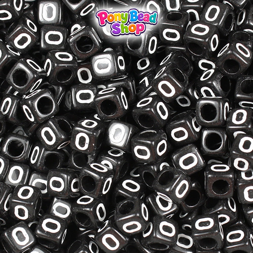 Black Opaque 6mm Cube Plastic Alpha Beads - White Letters (80pcs)
