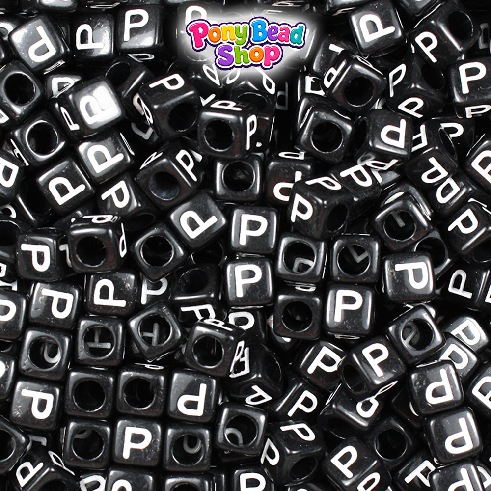 Black Opaque 6mm Cube Plastic Alpha Beads - White Letters (80pcs)