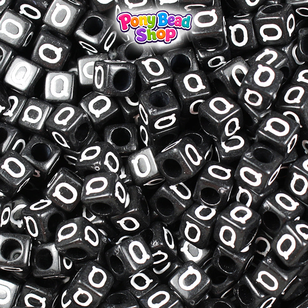 Black Opaque 6mm Cube Plastic Alpha Beads - White Letters (80pcs)
