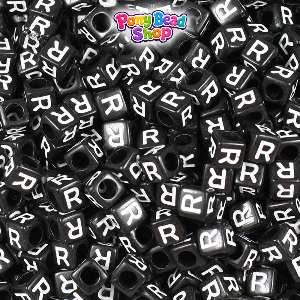 Black Opaque 6mm Cube Plastic Alpha Beads - White Letters (80pcs)