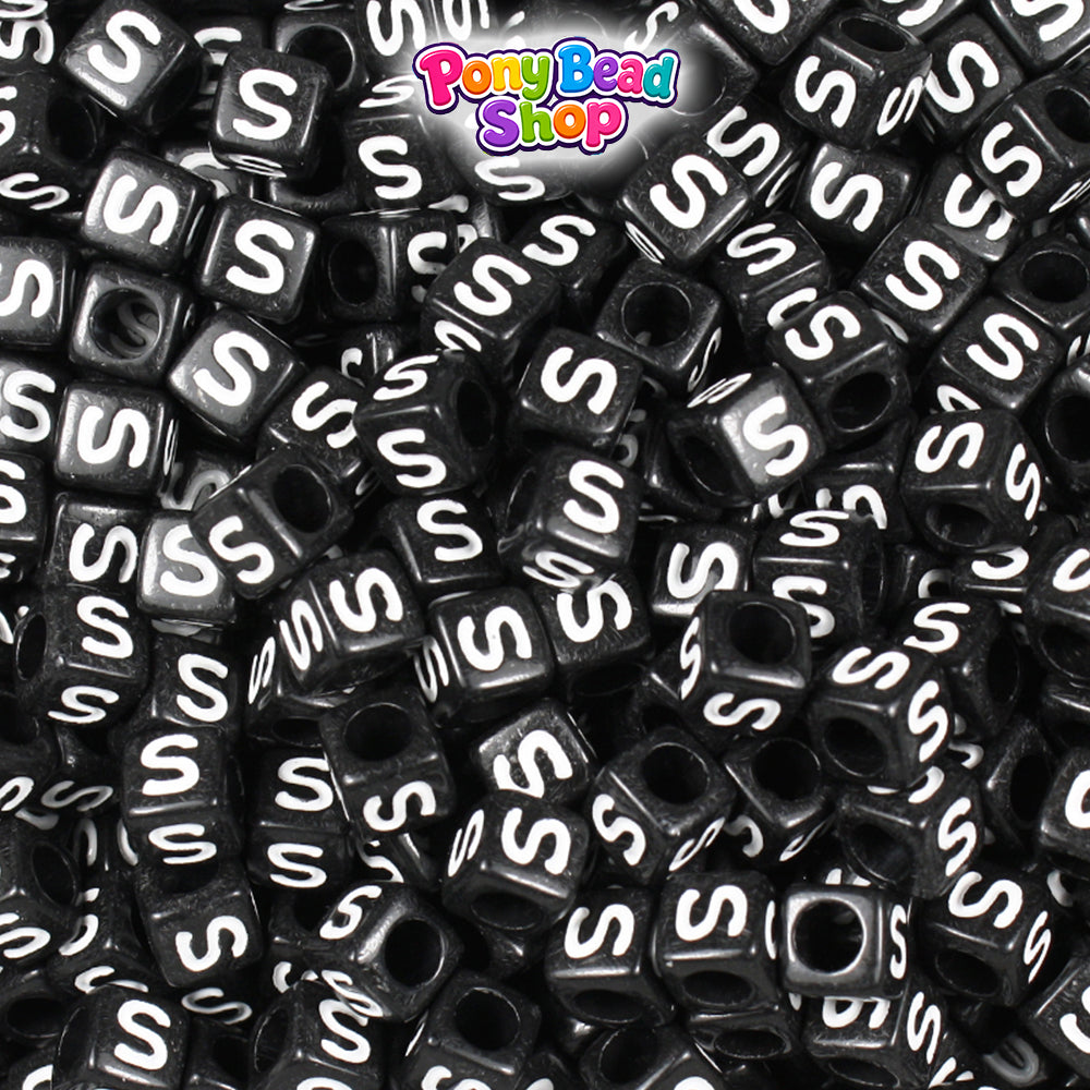 Black Opaque 6mm Cube Plastic Alpha Beads - White Letters (80pcs)
