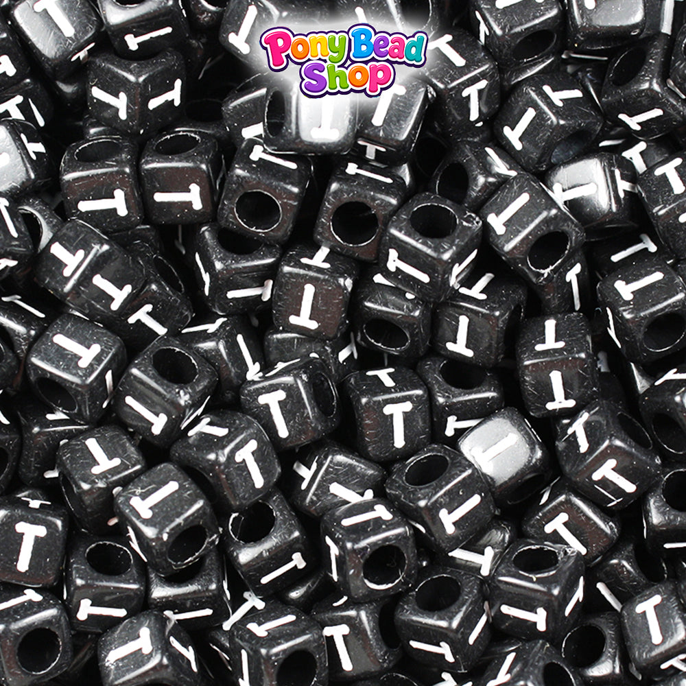Black Opaque 6mm Cube Plastic Alpha Beads - White Letters (80pcs)