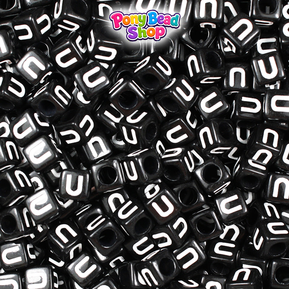 Black Opaque 6mm Cube Plastic Alpha Beads - White Letters (80pcs)