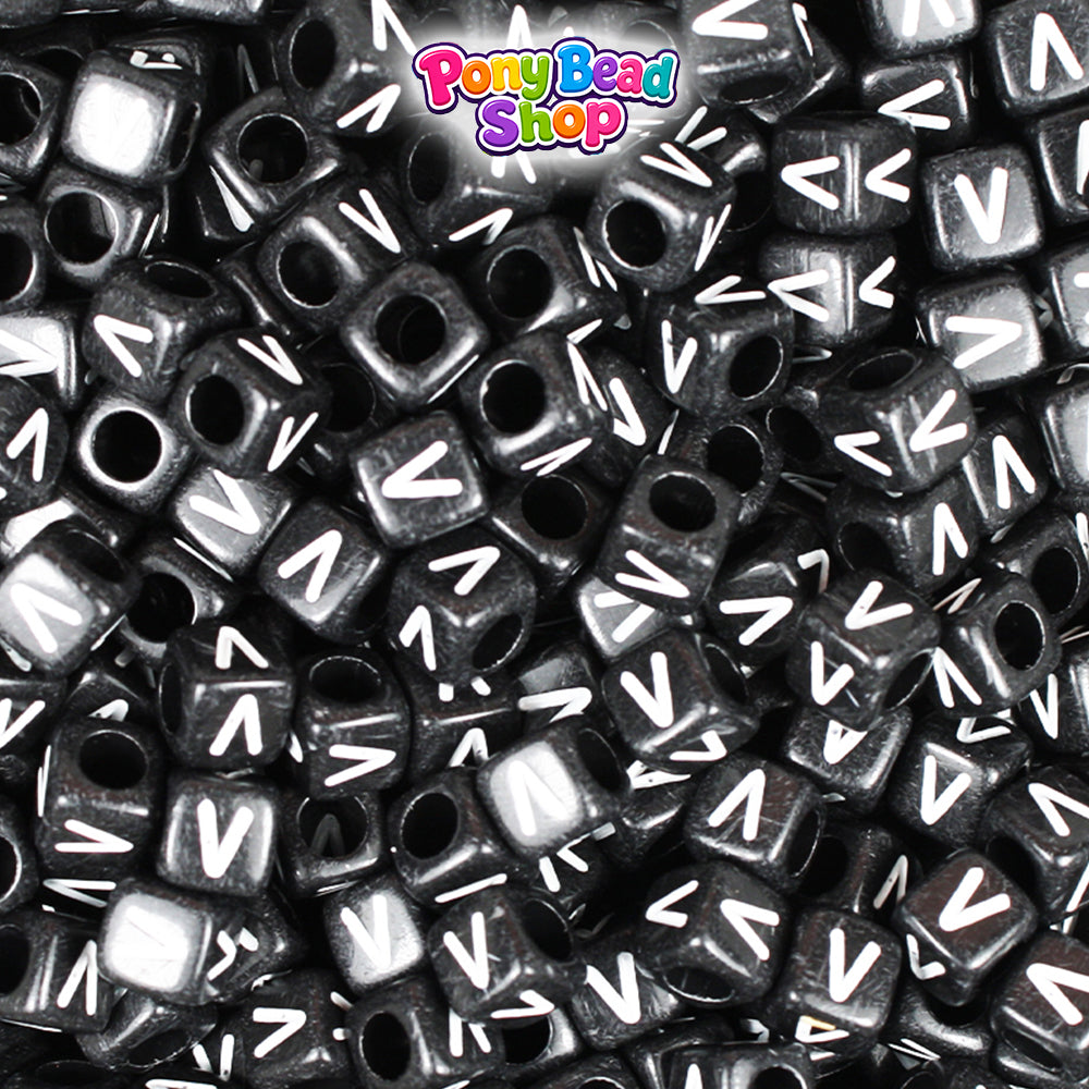 Black Opaque 6mm Cube Plastic Alpha Beads - White Letters (80pcs)