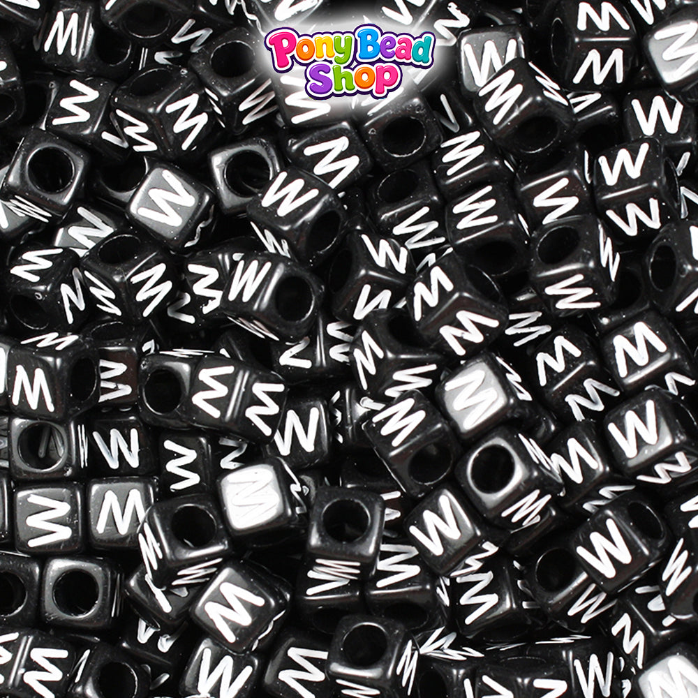 Black Opaque 6mm Cube Plastic Alpha Beads - White Letters (80pcs)