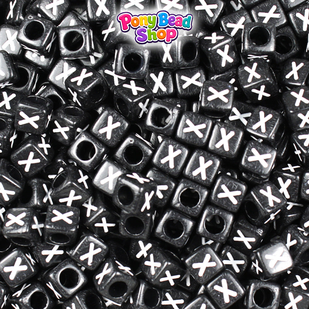 Black Opaque 6mm Cube Plastic Alpha Beads - White Letters (80pcs)
