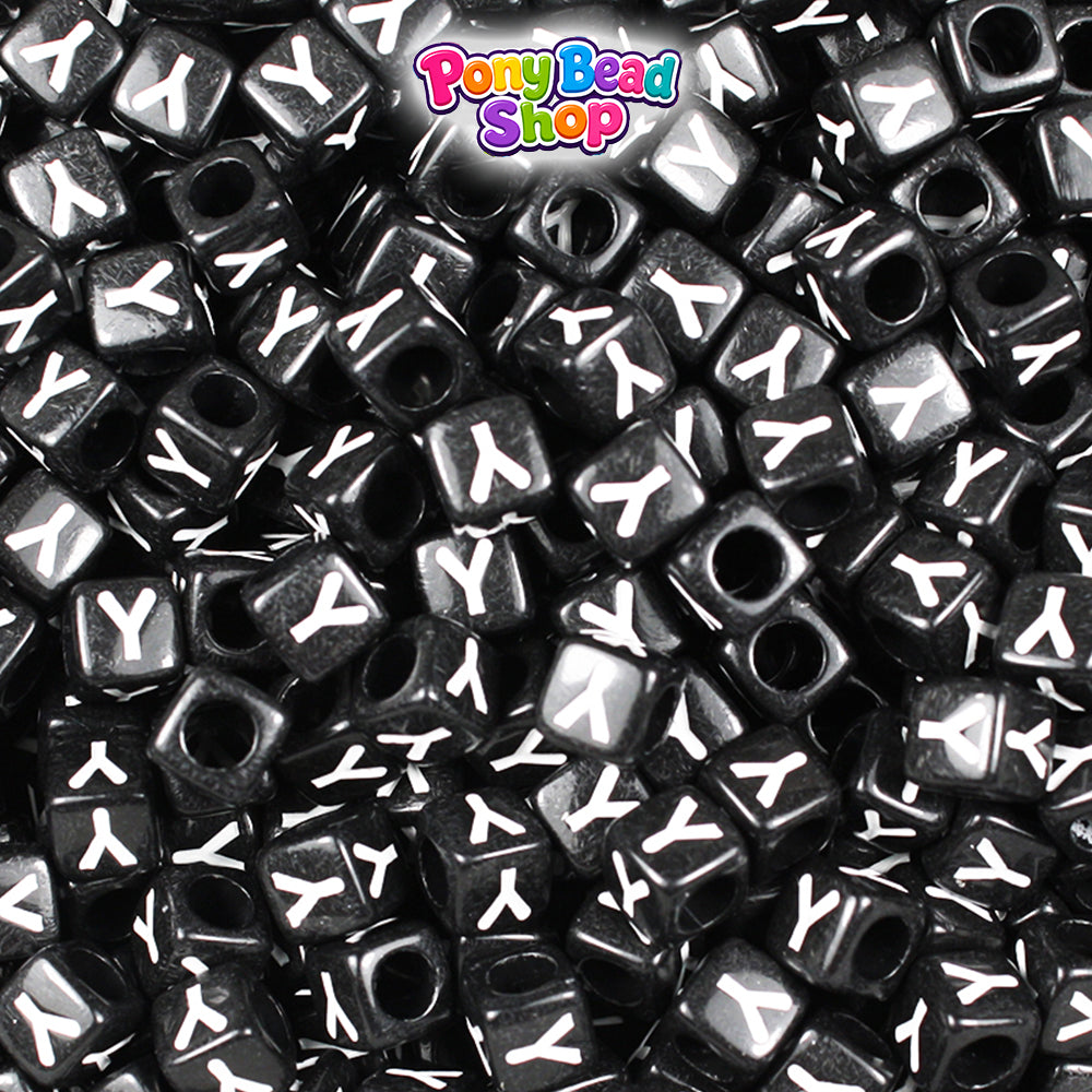 Black Opaque 6mm Cube Plastic Alpha Beads - White Letters (80pcs)