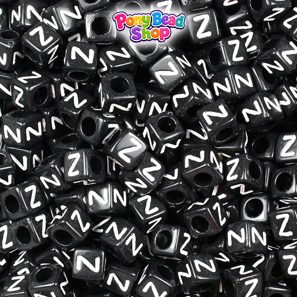 Black Opaque 6mm Cube Plastic Alpha Beads - White Letters (80pcs)