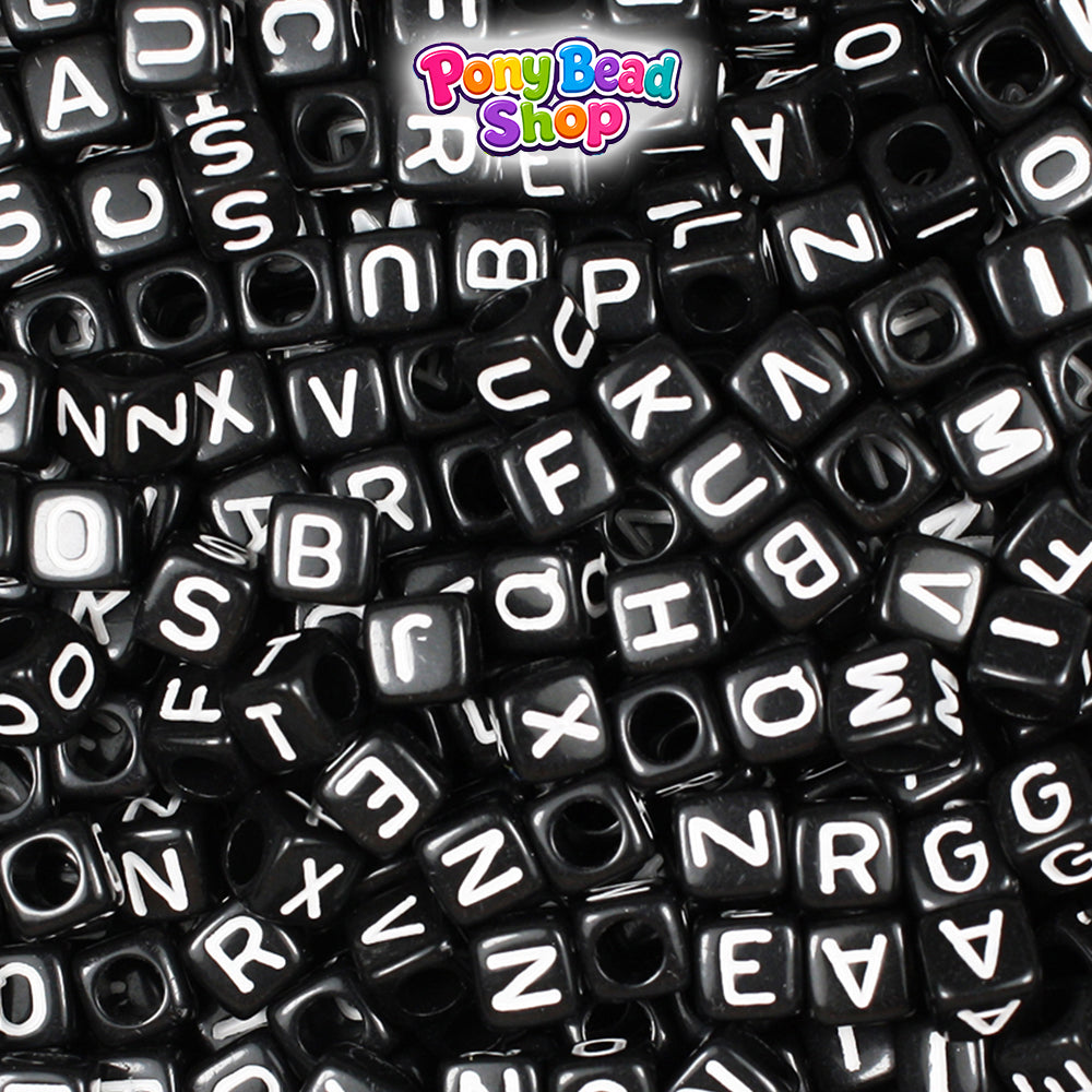 Black Opaque 6mm Cube Plastic Alpha Beads - White Letters (80pcs)