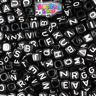 Black Opaque 6mm Cube Plastic Alpha Beads - White Letters (80pcs)