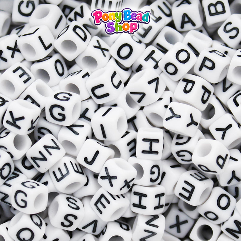 White Opaque 6mm Cube Plastic Alpha Beads - Black Letters (80pcs)