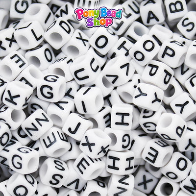 White Opaque 6mm Cube Plastic Alpha Beads - Black Letters (80pcs)