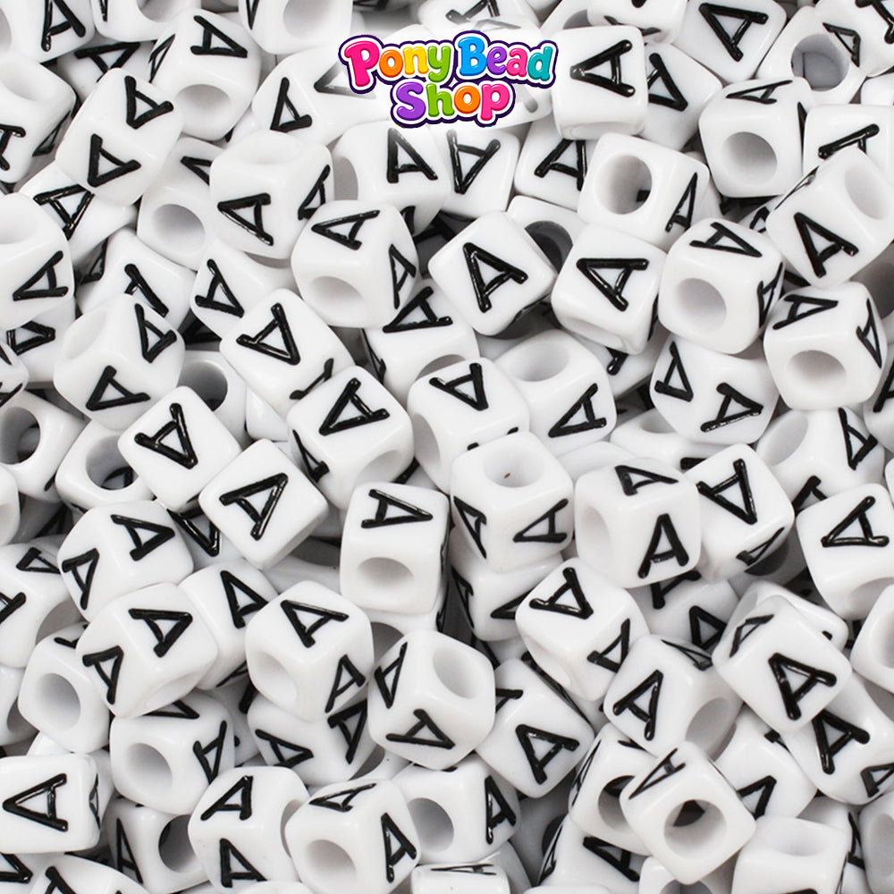 White Opaque 6mm Cube Plastic Alpha Beads - Black Letters (80pcs)