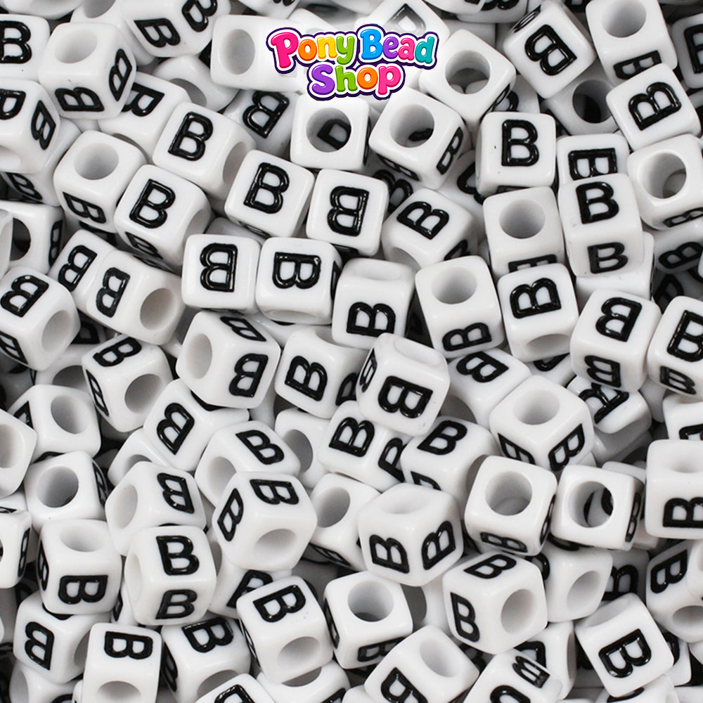 White Opaque 6mm Cube Plastic Alpha Beads - Black Letters (80pcs)