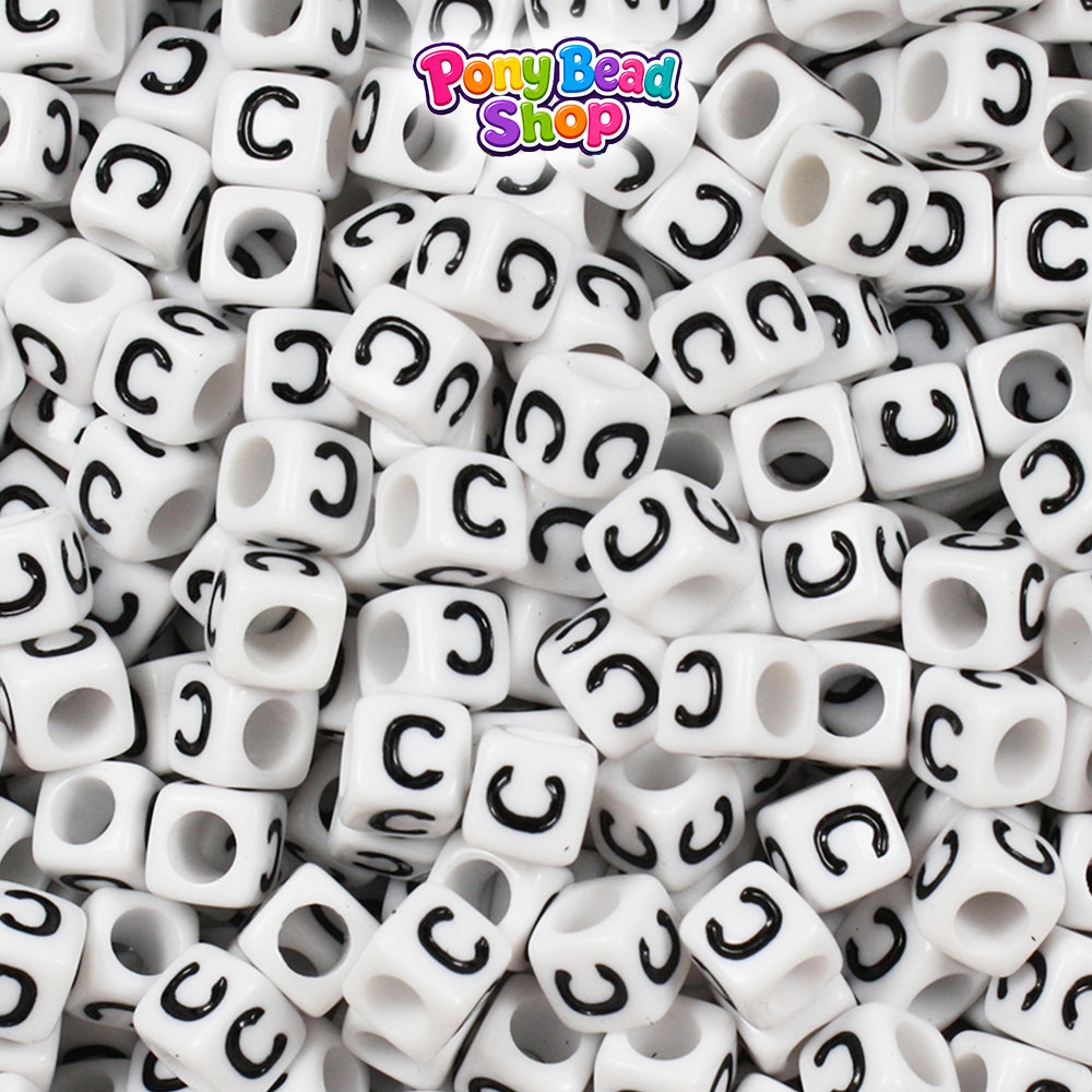 White Opaque 6mm Cube Plastic Alpha Beads - Black Letters (80pcs)