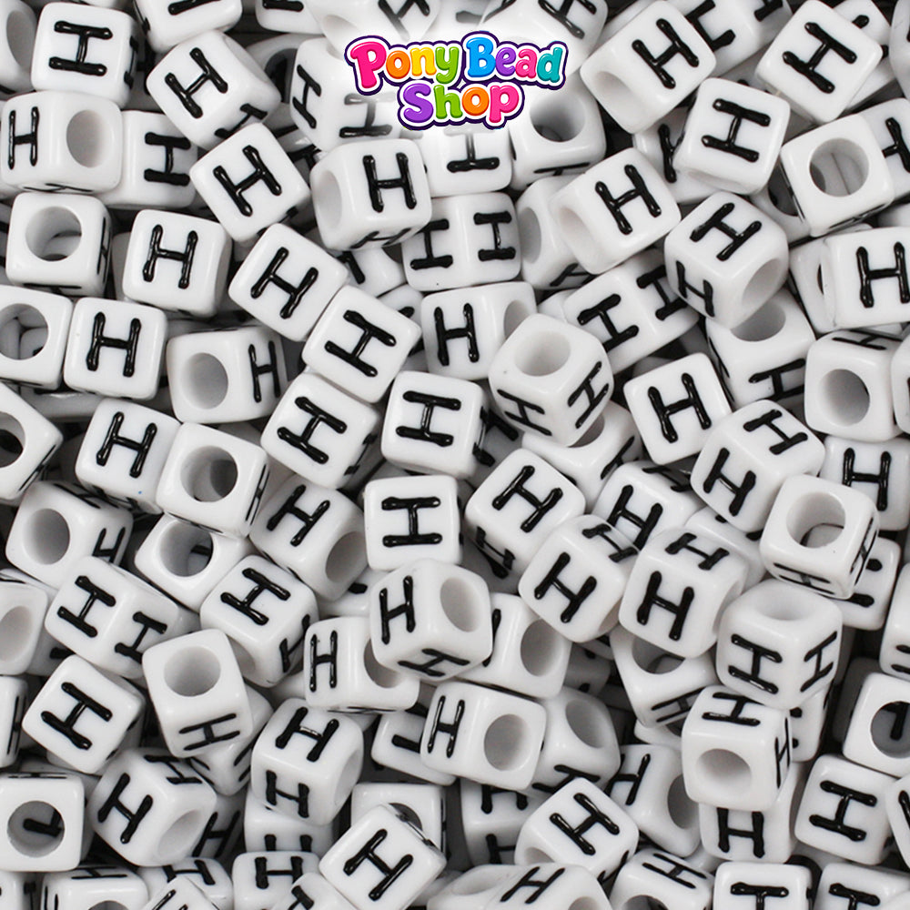 White Opaque 6mm Cube Plastic Alpha Beads - Black Letters (80pcs)