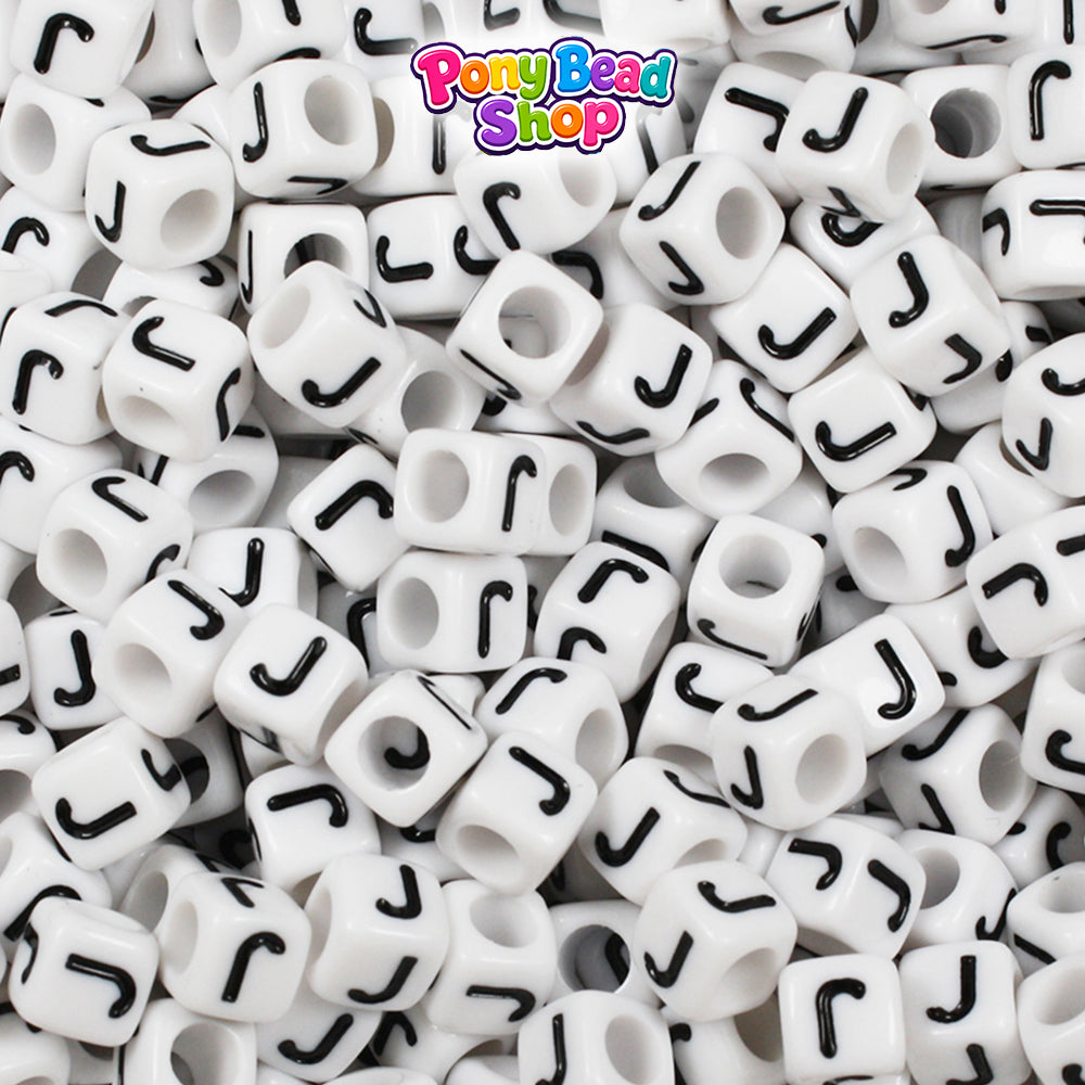 White Opaque 6mm Cube Plastic Alpha Beads - Black Letters (80pcs)