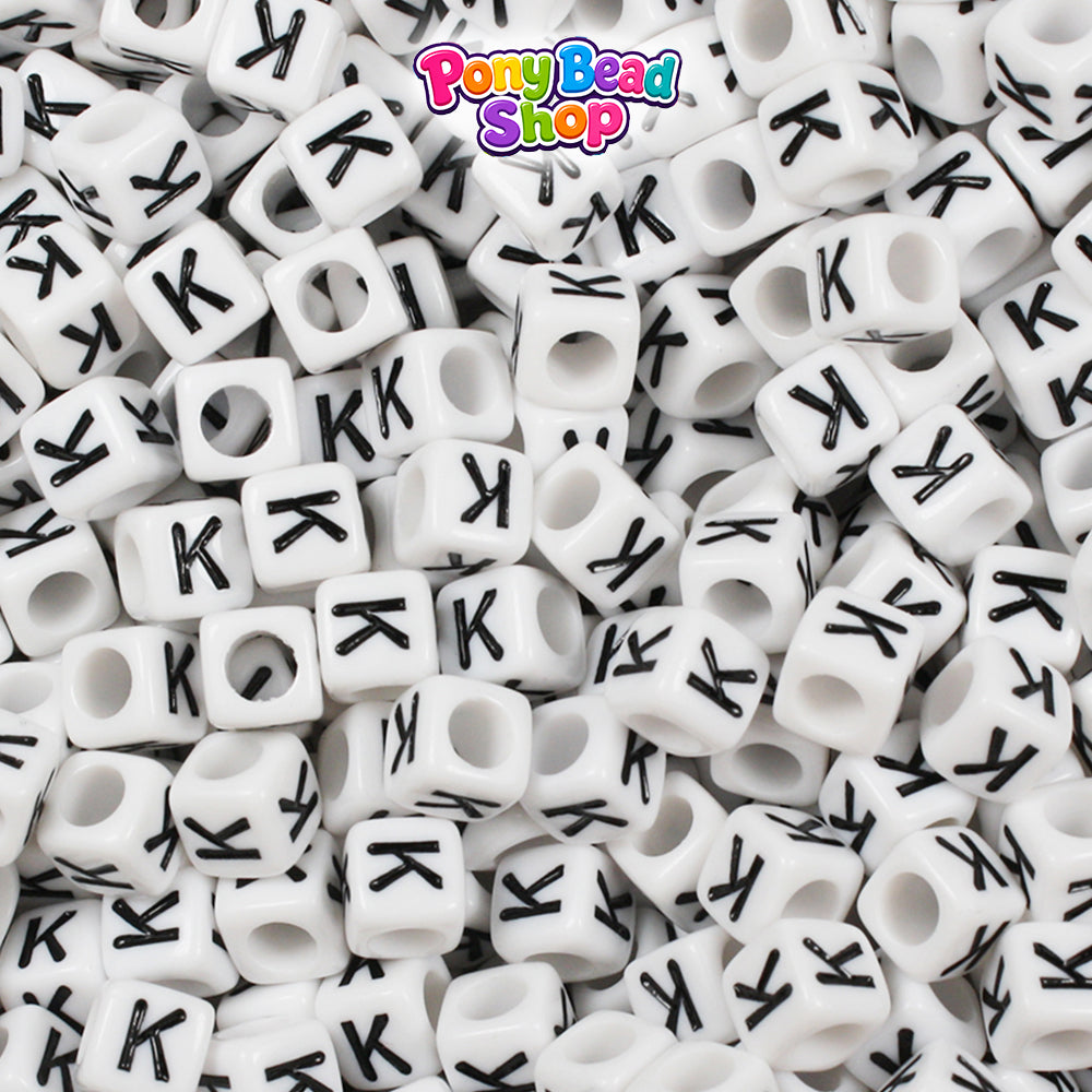 White Opaque 6mm Cube Plastic Alpha Beads - Black Letters (80pcs)