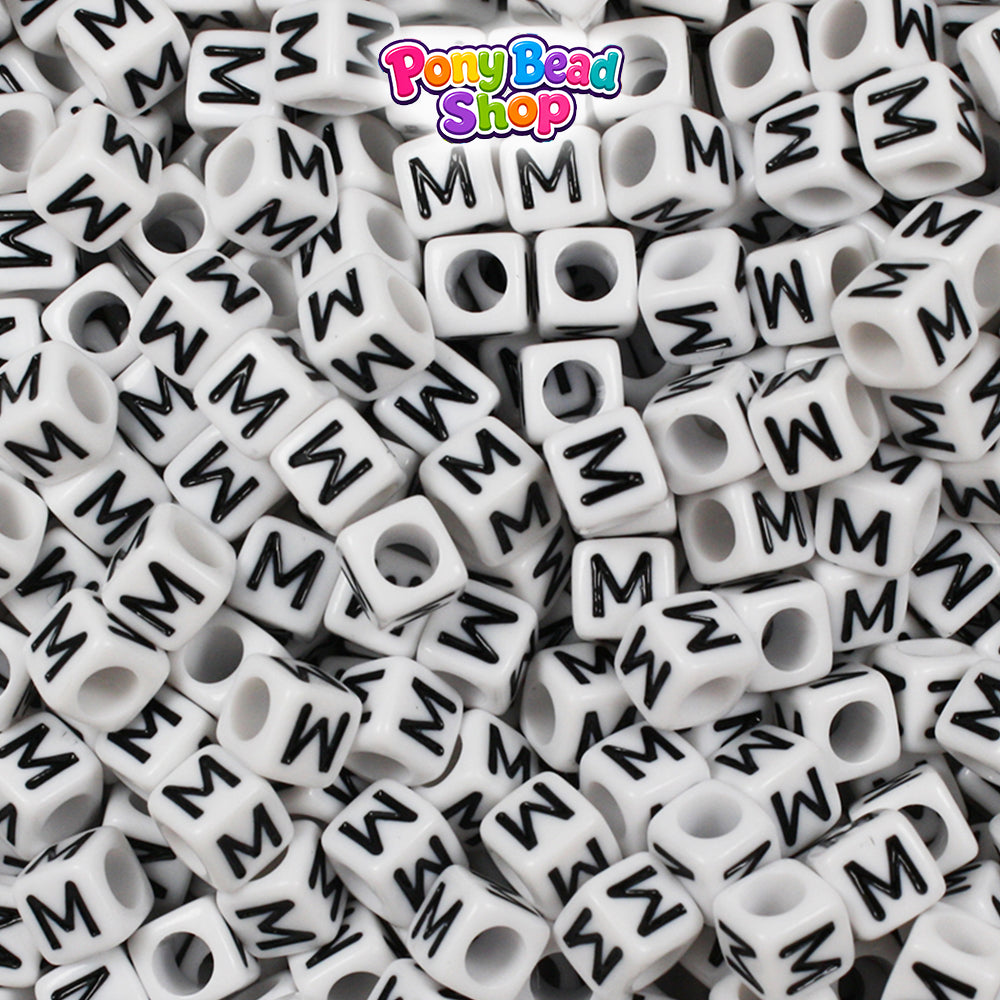 White Opaque 6mm Cube Plastic Alpha Beads - Black Letters (80pcs)