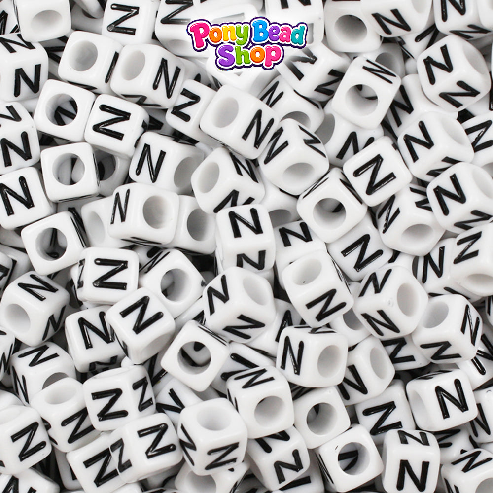 White Opaque 6mm Cube Plastic Alpha Beads - Black Letters (80pcs)