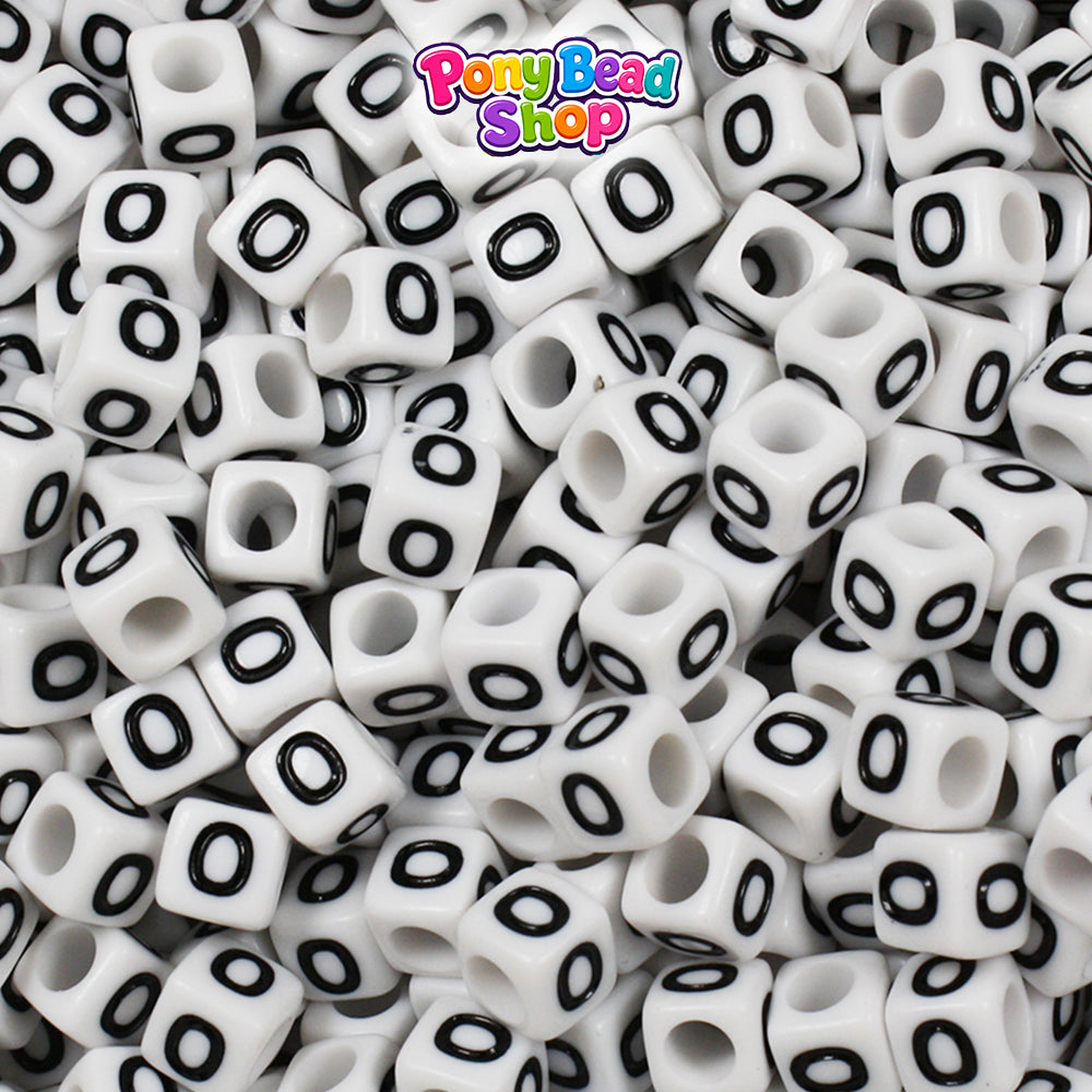 White Opaque 6mm Cube Plastic Alpha Beads - Black Letters (80pcs)