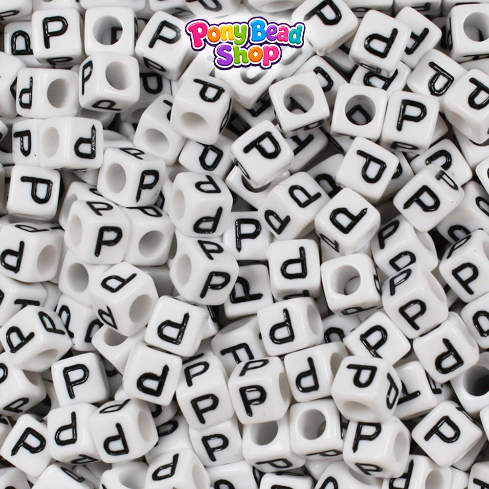 White Opaque 6mm Cube Plastic Alpha Beads - Black Letters (80pcs)