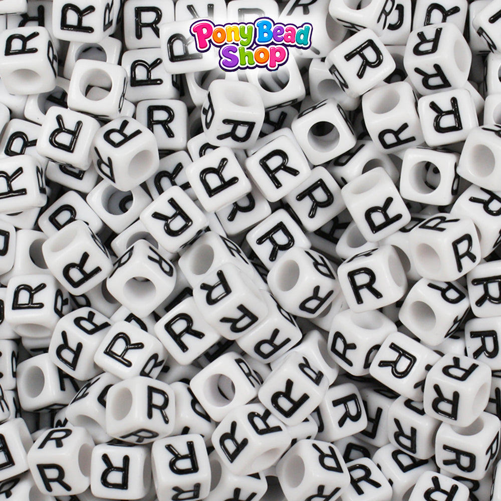 White Opaque 6mm Cube Plastic Alpha Beads - Black Letters (80pcs)