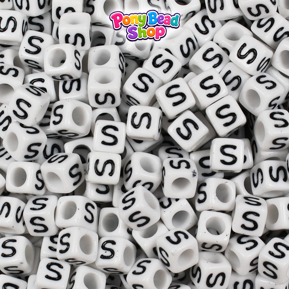 White Opaque 6mm Cube Plastic Alpha Beads - Black Letters (80pcs)