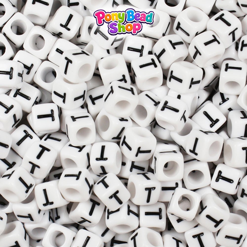 White Opaque 6mm Cube Plastic Alpha Beads - Black Letters (80pcs)