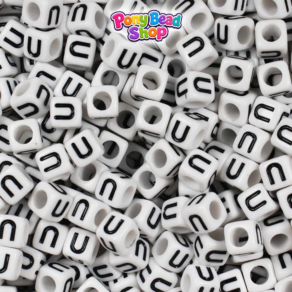 White Opaque 6mm Cube Plastic Alpha Beads - Black Letters (80pcs)