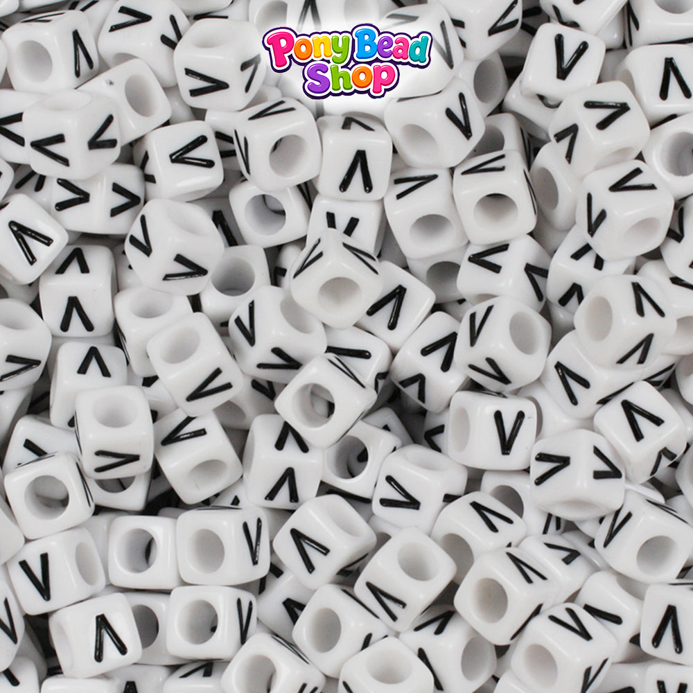 White Opaque 6mm Cube Plastic Alpha Beads - Black Letters (80pcs)