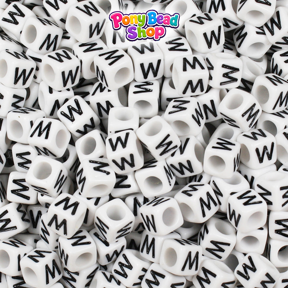 White Opaque 6mm Cube Plastic Alpha Beads - Black Letters (80pcs)