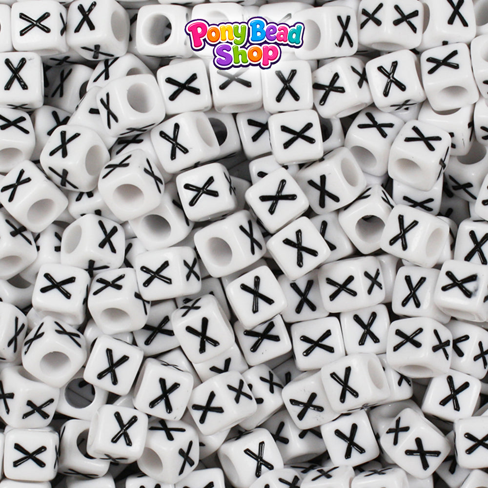 White Opaque 6mm Cube Plastic Alpha Beads - Black Letters (80pcs)