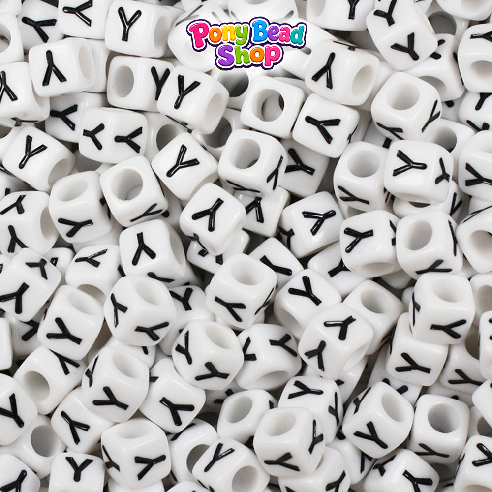 White Opaque 6mm Cube Plastic Alpha Beads - Black Letters (80pcs)